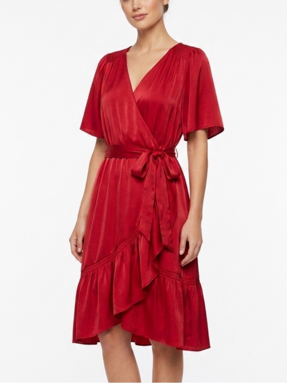 Maurices Deep Red Semi Satin Faux Wrap Ruffle Midi Dress Size Medium
